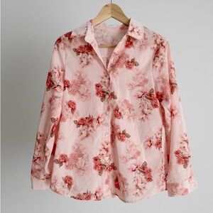 Tonal Pink Cabbage Roses Button-Up Long Sleeve Blouse Top Shirt M Korean Brand
